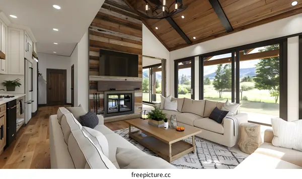 Modern Farmhouse Living Room With Fireplace And View