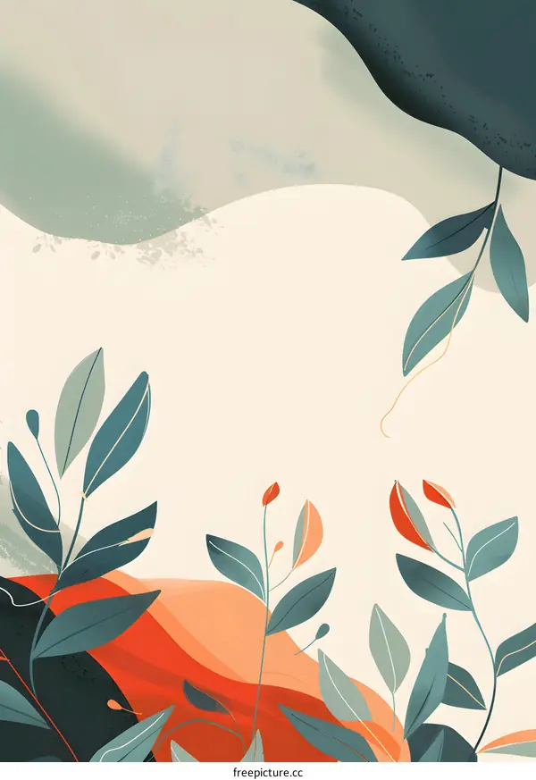 Abstract Green Leaves with Orange and Green Waves Background