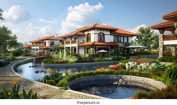 Luxury Homes with a Pond and Stone Bridge in a Garden