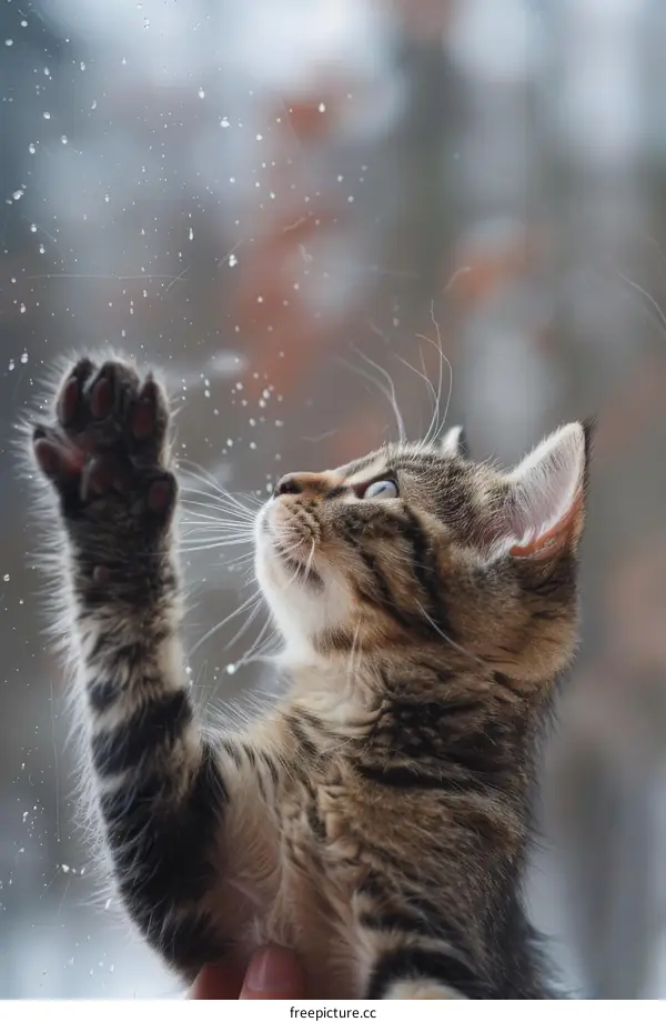 A cute kitten looking up at the falling snow