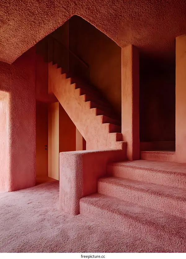 Staircase in Pink Interior Design with Textured Walls