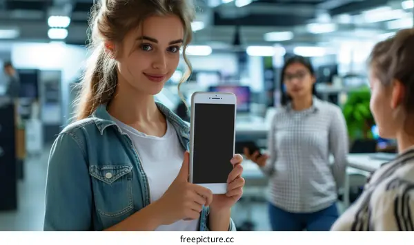 Confident young businesswoman showing blank smartphone screen