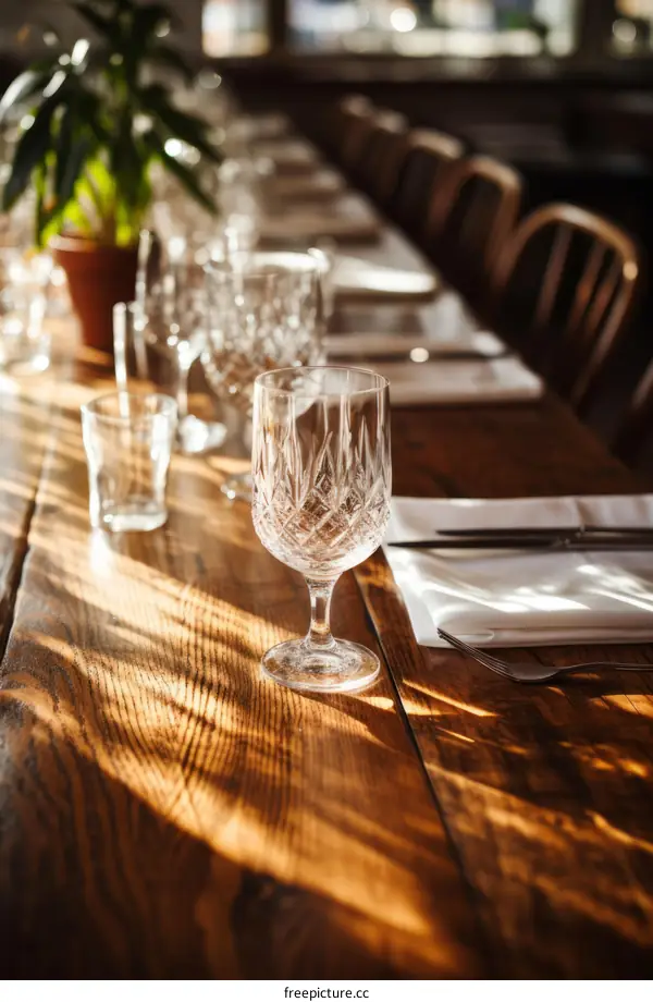 Crystal wine glass on a wooden table in a restaurant