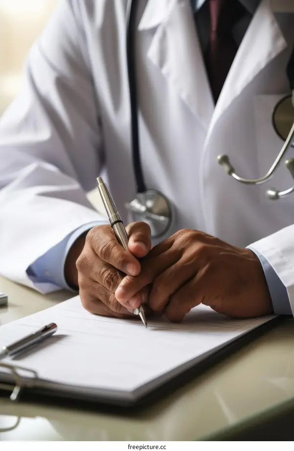 Doctor writing on a clipboard with a pen