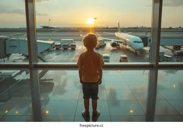 Little boy looking at airplane through airport window