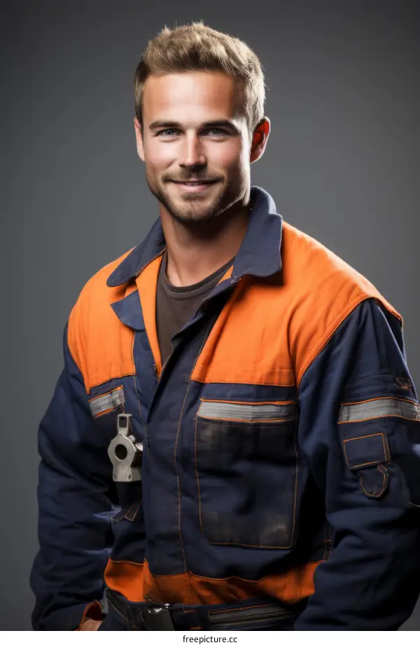 Portrait of a handsome young male wearing an orange and blue jumpsuit