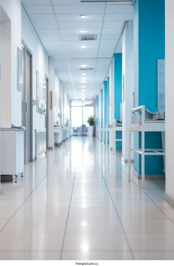 An Empty Hospital Hallway with Bright Blue Walls
