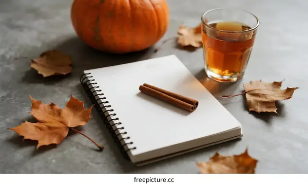 Autumn Still Life with Pumpkin, Cinnamon Sticks and Notebook