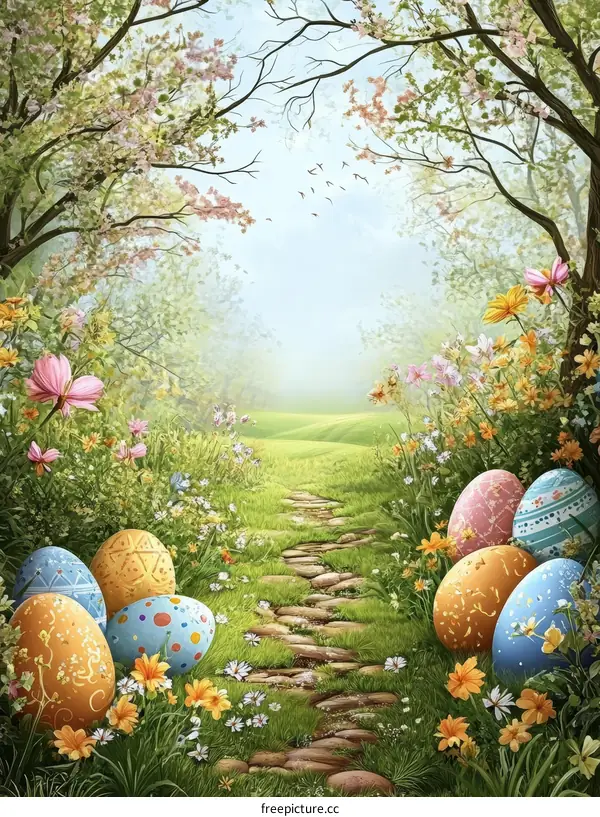 Easter Pathway Illustration with Colorful Eggs