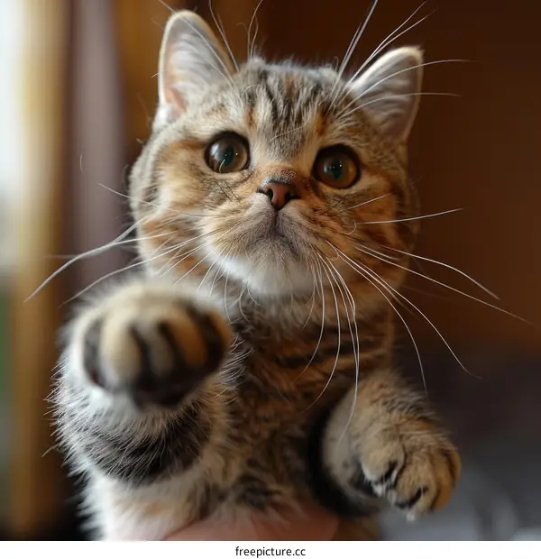 Playful Tabby Kitten Reaching Out with Paw