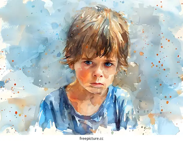 Watercolor Portrait of a Sad Young Boy