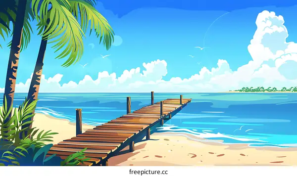 Tropical Beach Scene with Wooden Pier and Palm Trees
