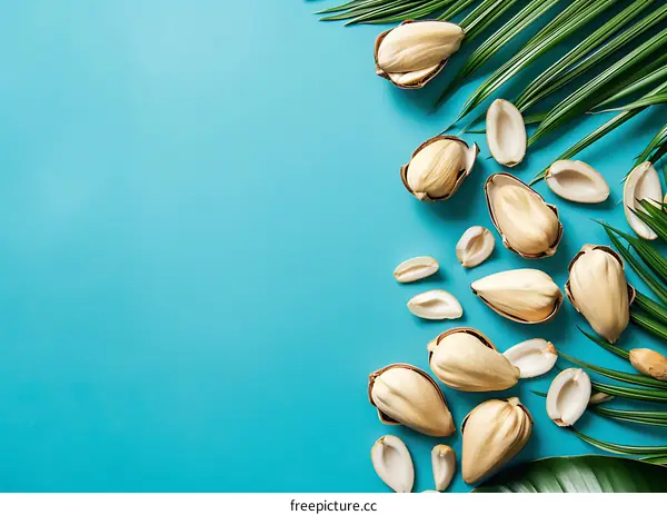 Tropical Fruit Seeds on Blue Background With Palm Leaves