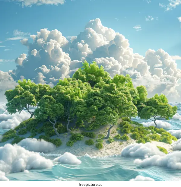 Floating Island Among Clouds and Waves
