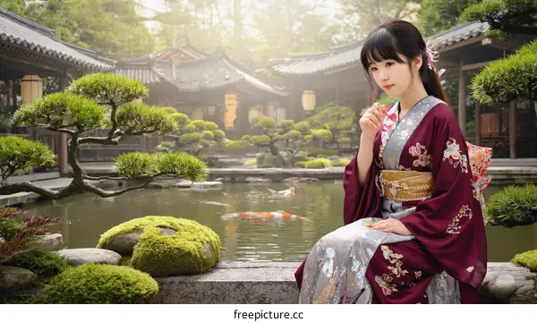 Asian Woman in Traditional Kimono in a Beautiful Garden Setting