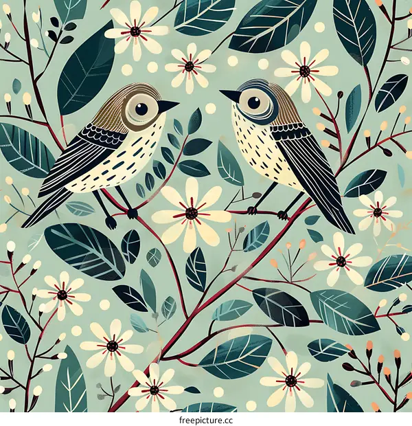 Seamless Pattern of Birds on Branches with Flowers