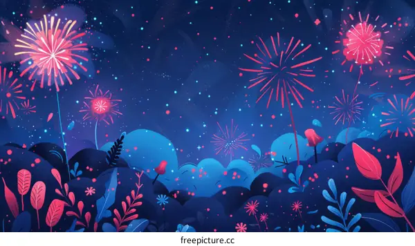 Colorful Fireworks Light Up the Night Sky Over Green Foliage