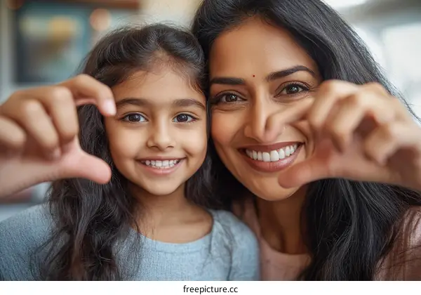 Mother and Daughter Showing Heart Shape with Hands