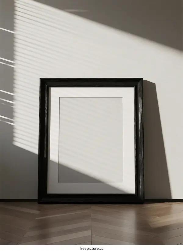 A black frame with empty white space casting shadows on a wall