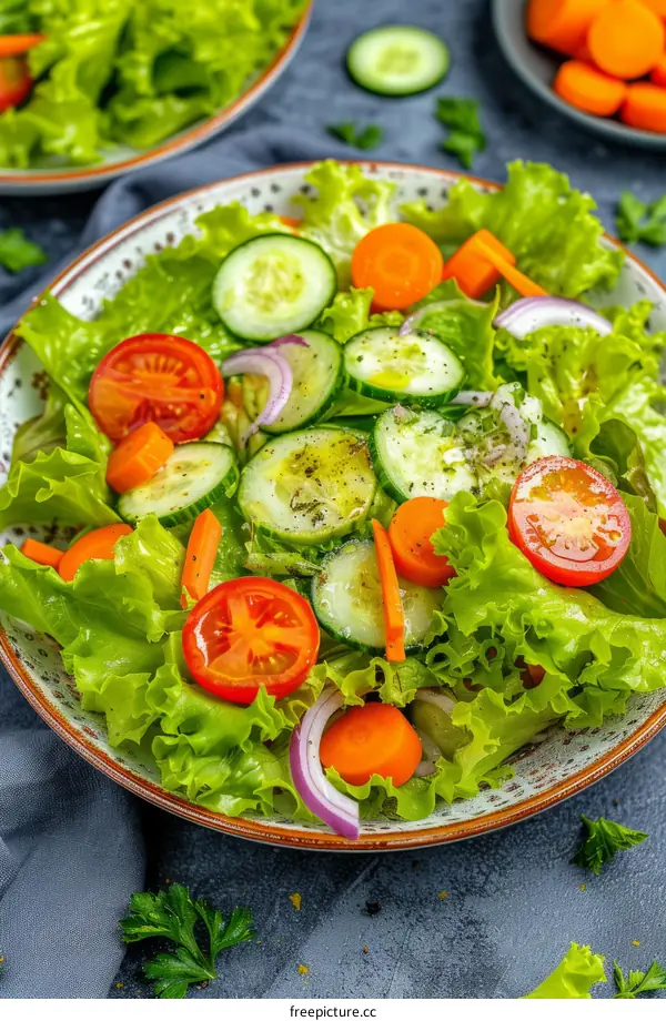 Fresh salad with lettuce, cucumber, carrot and tomato
