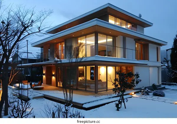 Modern Home with Wooden Accents in Winter