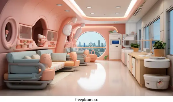 A rendering of a colorful and futuristic hospital room
