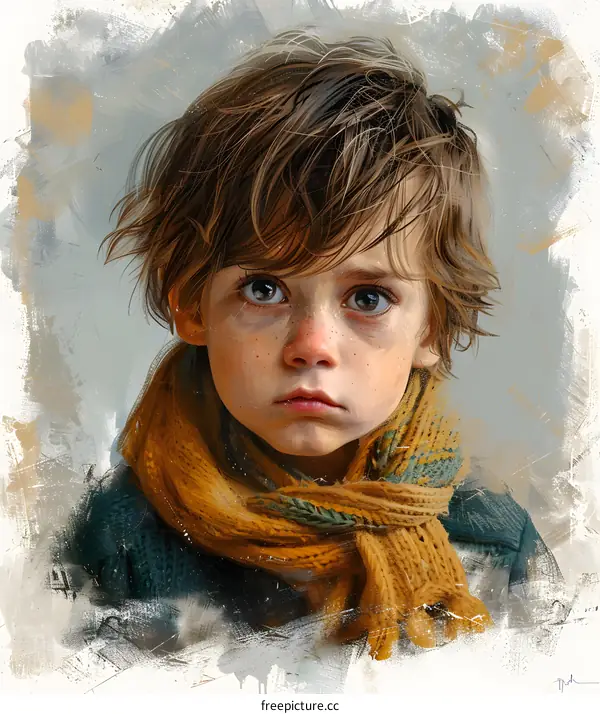 Portrait of a boy with brown hair and brown eyes wearing a yellow scarf