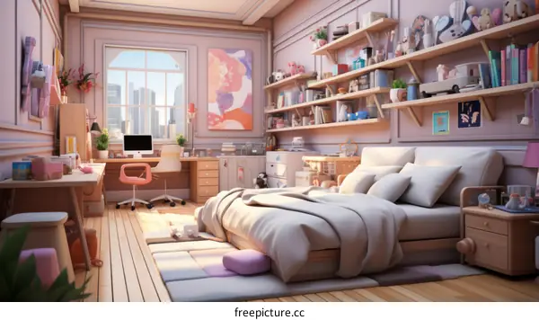 A Cozy Bedroom with a Large Bed, a Desk, and a Lot of Shelves