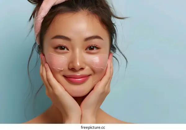 Happy Asian Woman with Skincare Cream on her Face