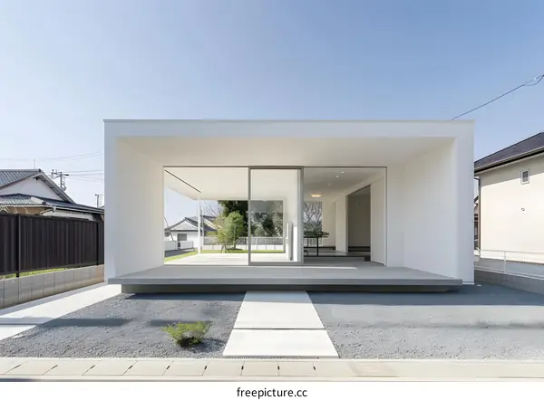 Modern White House With Large Windows And Gravel Yard