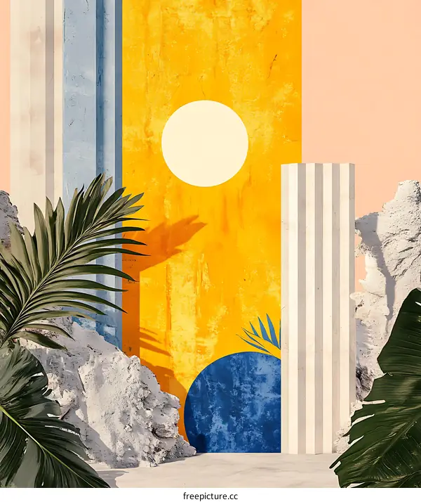 Abstract Minimalist Art with Palm Leaves and Stone Pillars