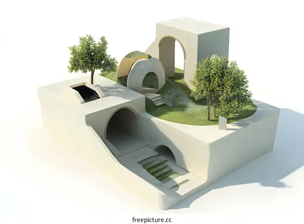 Abstract Minimalist Architecture Design with Geometric Shapes and Green Trees