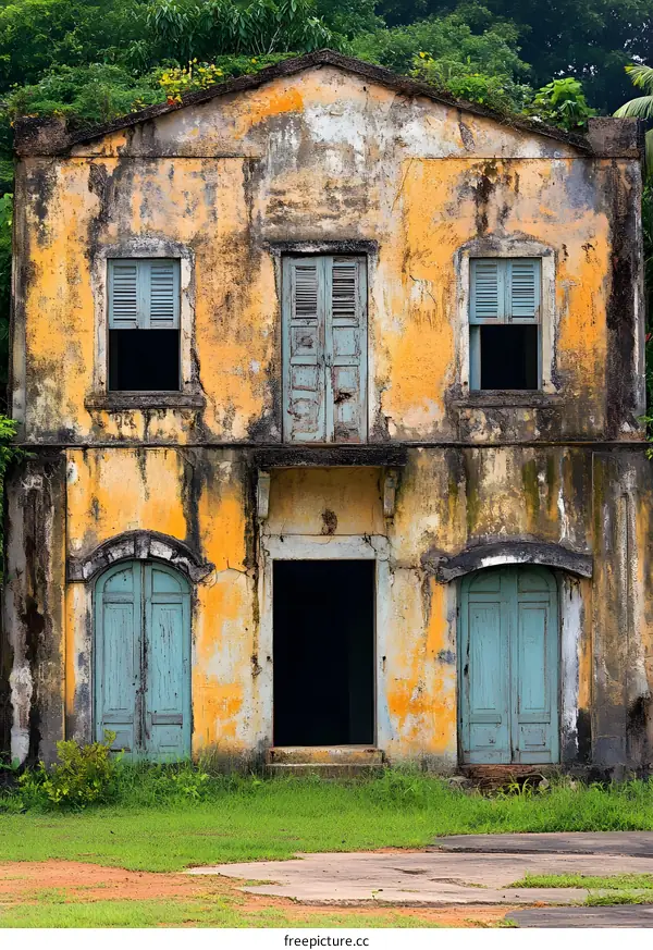 Old Abandoned Yellow House With Blue Doors