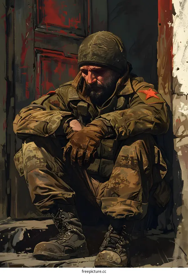 A weary soldier sits on the doorstep