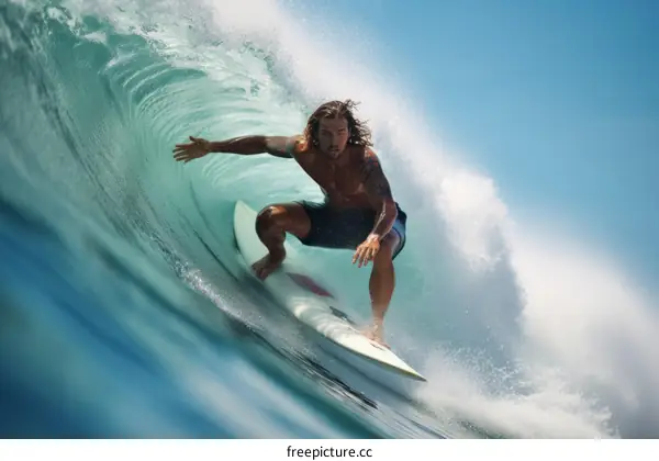 Surfer rides a big wave in the ocean