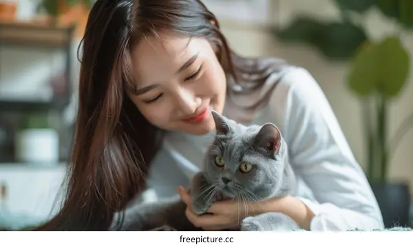 A young woman is petting a gray cat