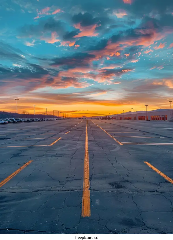 Empty parking lot with beautiful sunset