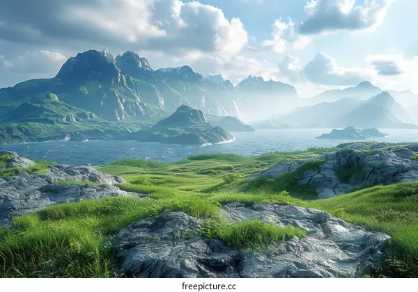 Dramatic Rocky Coastline with Distant Mountains