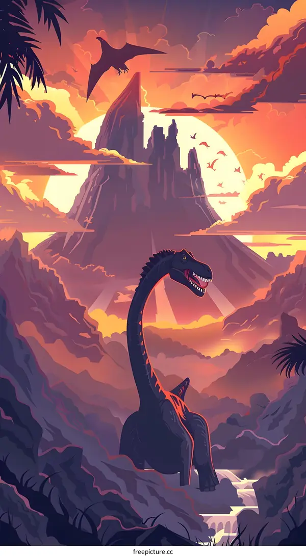 Dinosaur in a Mountainous Landscape with a Sunset Sky