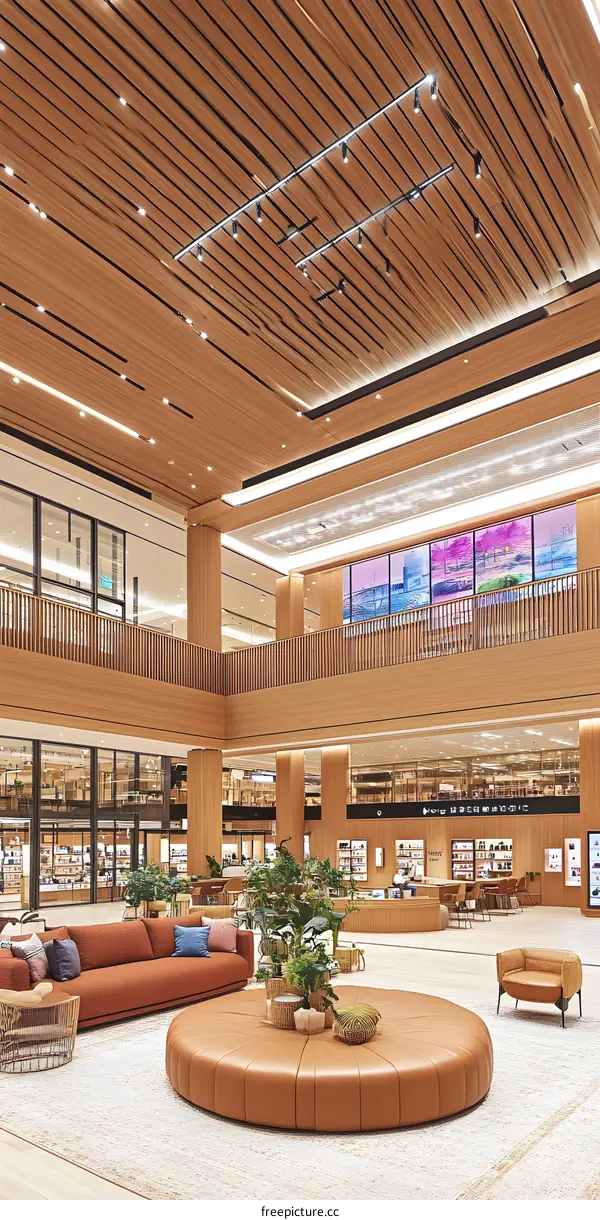 Modern Interior Design with Wooden Ceiling and Large Round Ottoman