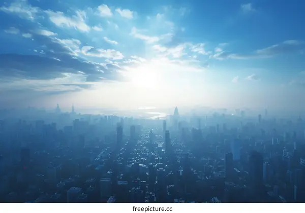 Vibrant City Skyline with Blue Skies and White Clouds