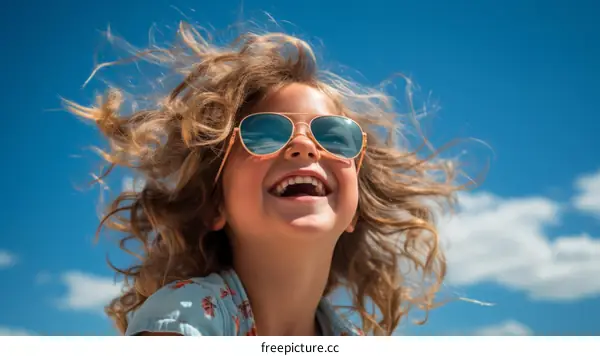 Little girl with curly hair laughing with her head up in the air