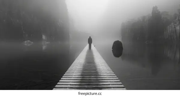 A lone figure walks on a pier into the unknown