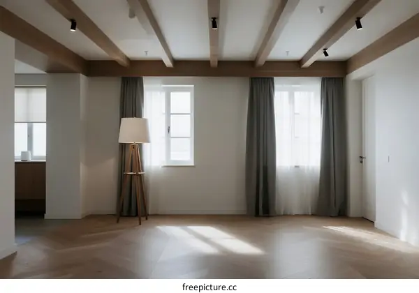 Bright and spacious room with wooden beams and large windows