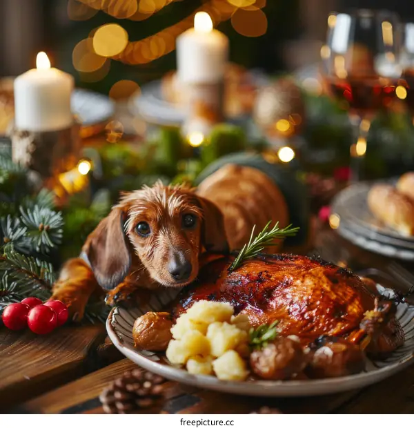dachshund dog lying on table with christmas decorations and food