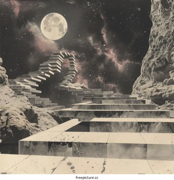 Surreal stone staircase to the moon