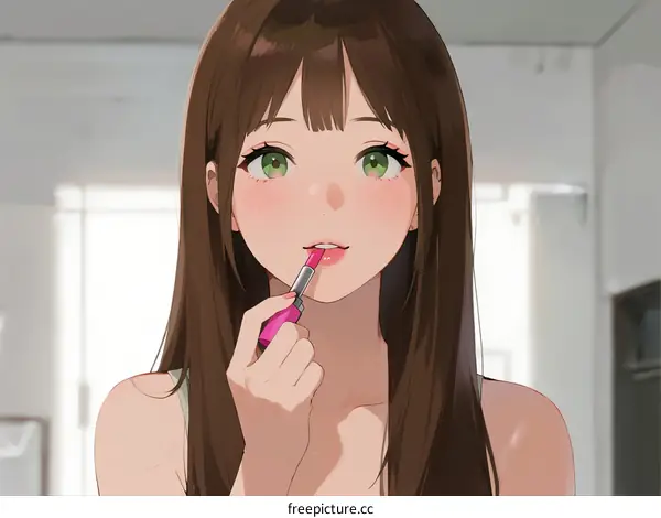 Young woman applying pink lipstick in bright room