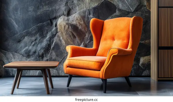 Modern Orange Wingback Chair and Coffee Table