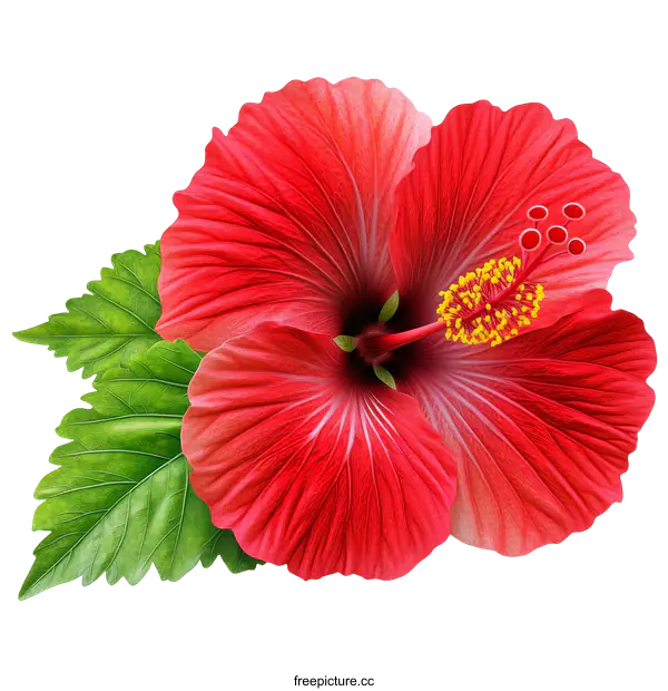 [Transparent Background PNG]Vibrant Red Hibiscus Flower with Green Leaves