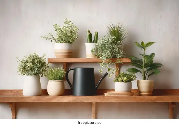 Wooden Shelf with Various Potted Plants